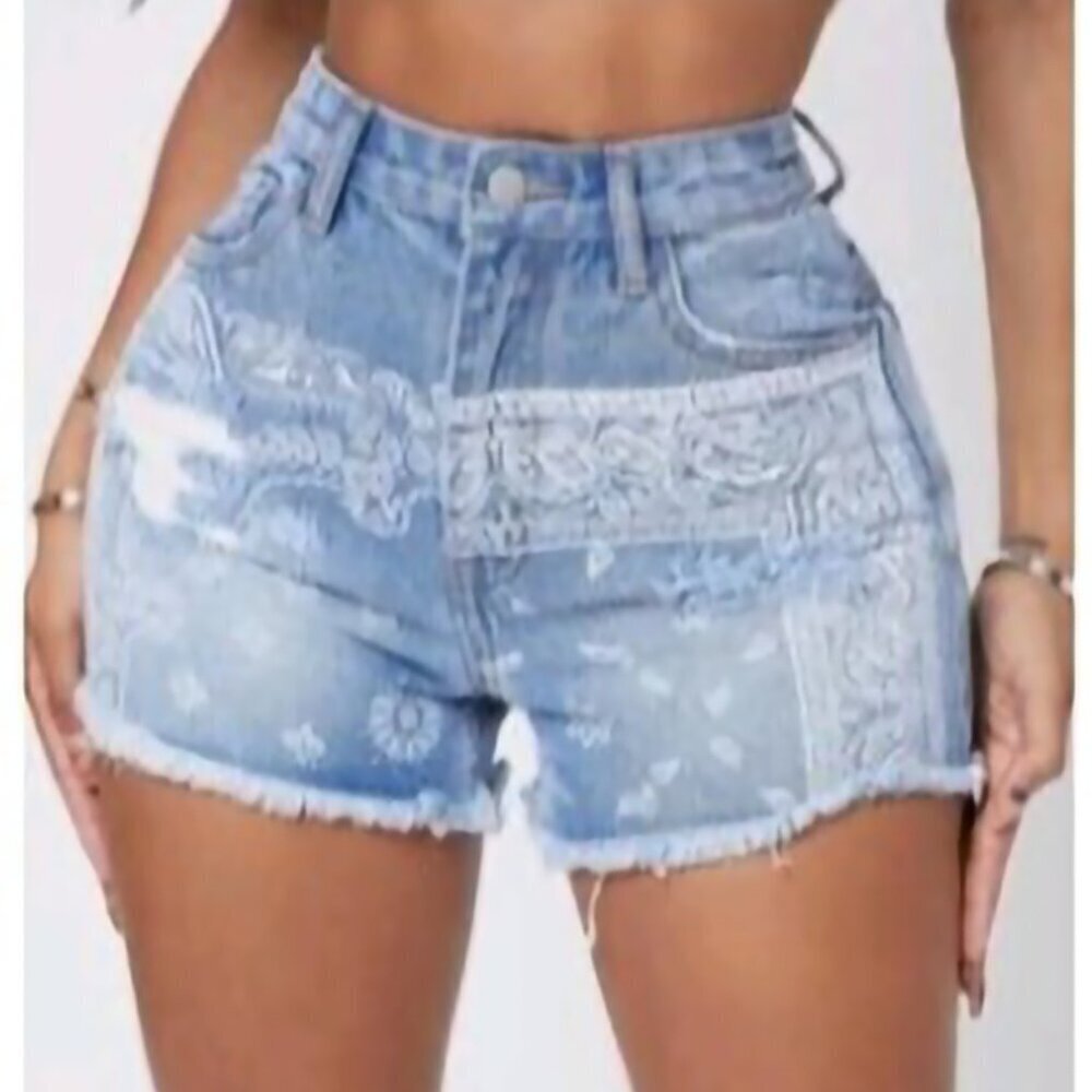 Paisley Print Denim Shorts